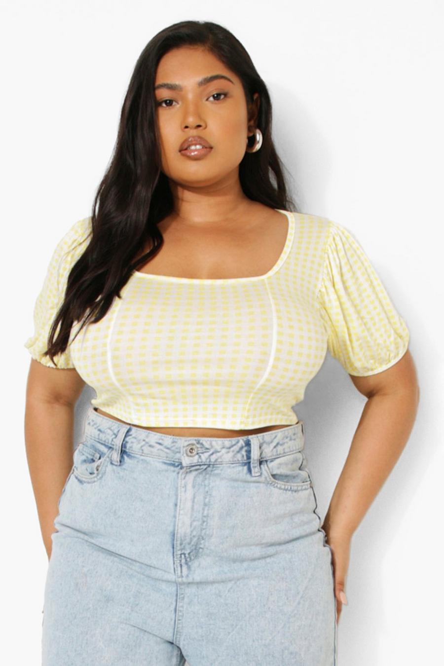 Yellow gul Plus Gingham Puff Sleeve Square Neck Top image number 1