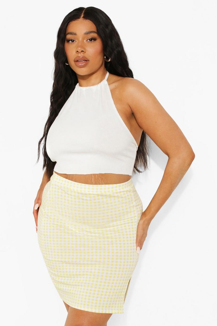 Yellow Plus Gingham Print Front Split Mini Skirt