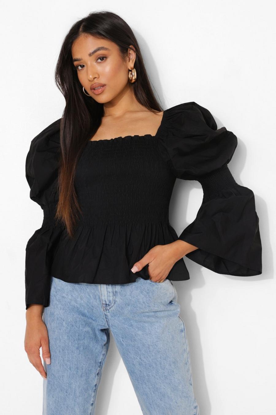 Black Petite Square Neck Puff Sleeve Shirred Blouse image number 1