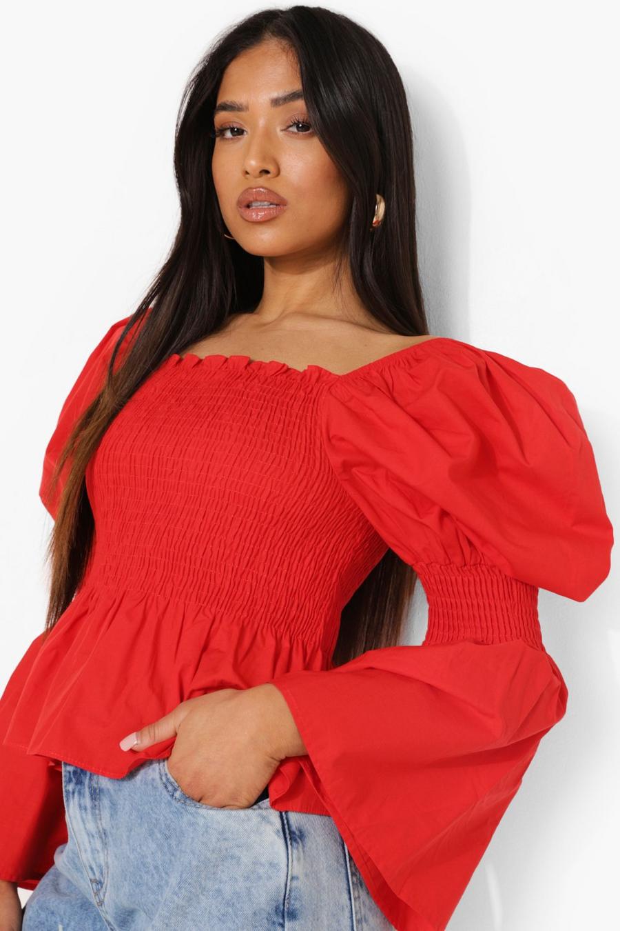Red Petite Square Neck Puff Sleeve Shirred Blouse image number 1