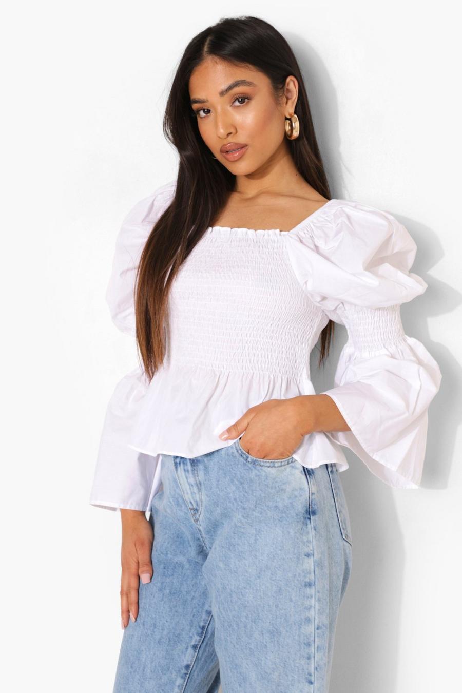 White Petite Square Neck Puff Sleeve Shirred Blouse image number 1