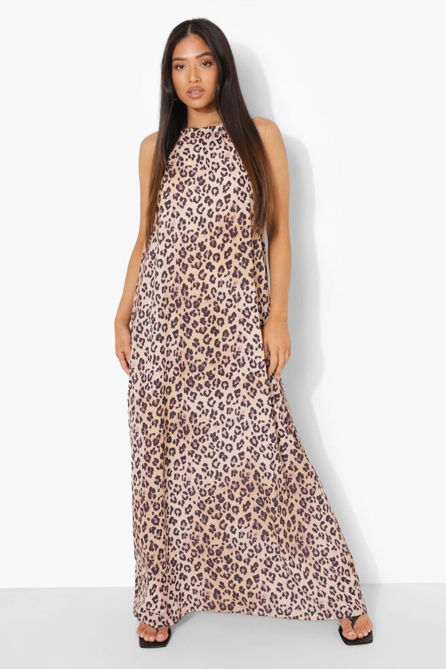 Natural Petite Leopard Print Woven Halter Maxi Dress image number 1