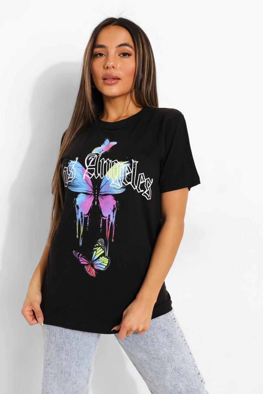 PETITE T-Shirt mit Los Angeles Slogan und Schmetterling, Schwarz image number 1
