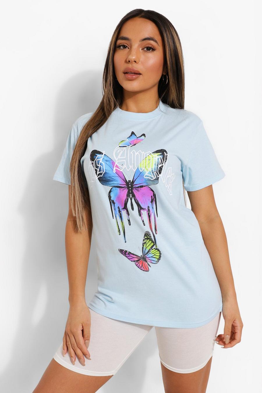 PETITE T-Shirt mit Los Angeles Slogan und Schmetterling, Blassblau image number 1