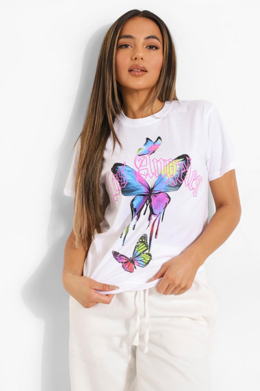 White Petite Butterfly Los Angeles Graphic T-Shirt image number 1