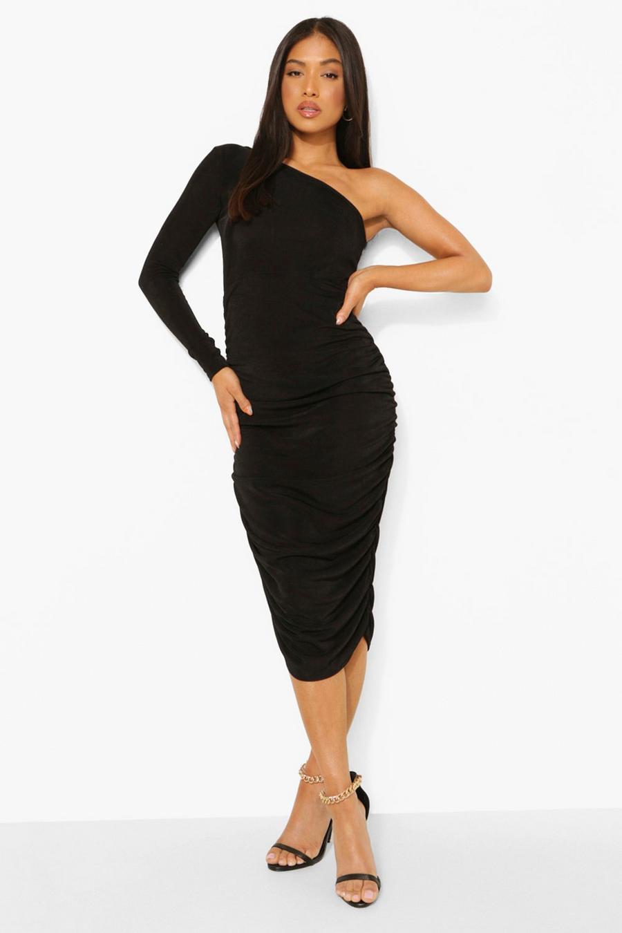 Black Petite Texture Slinky One Shoulder Midi Dress image number 1