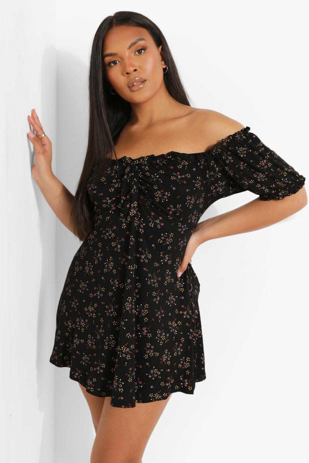 Plus Floral Print Bardot Skater Dress boohoo NZ