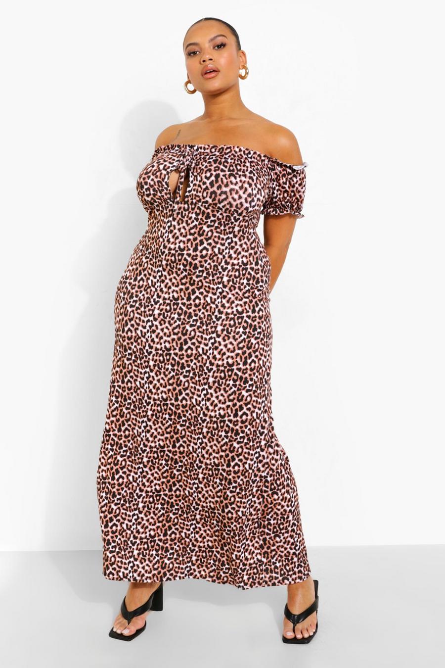 Brown Plus Leopard Print Bardot Maxi Dress image number 1