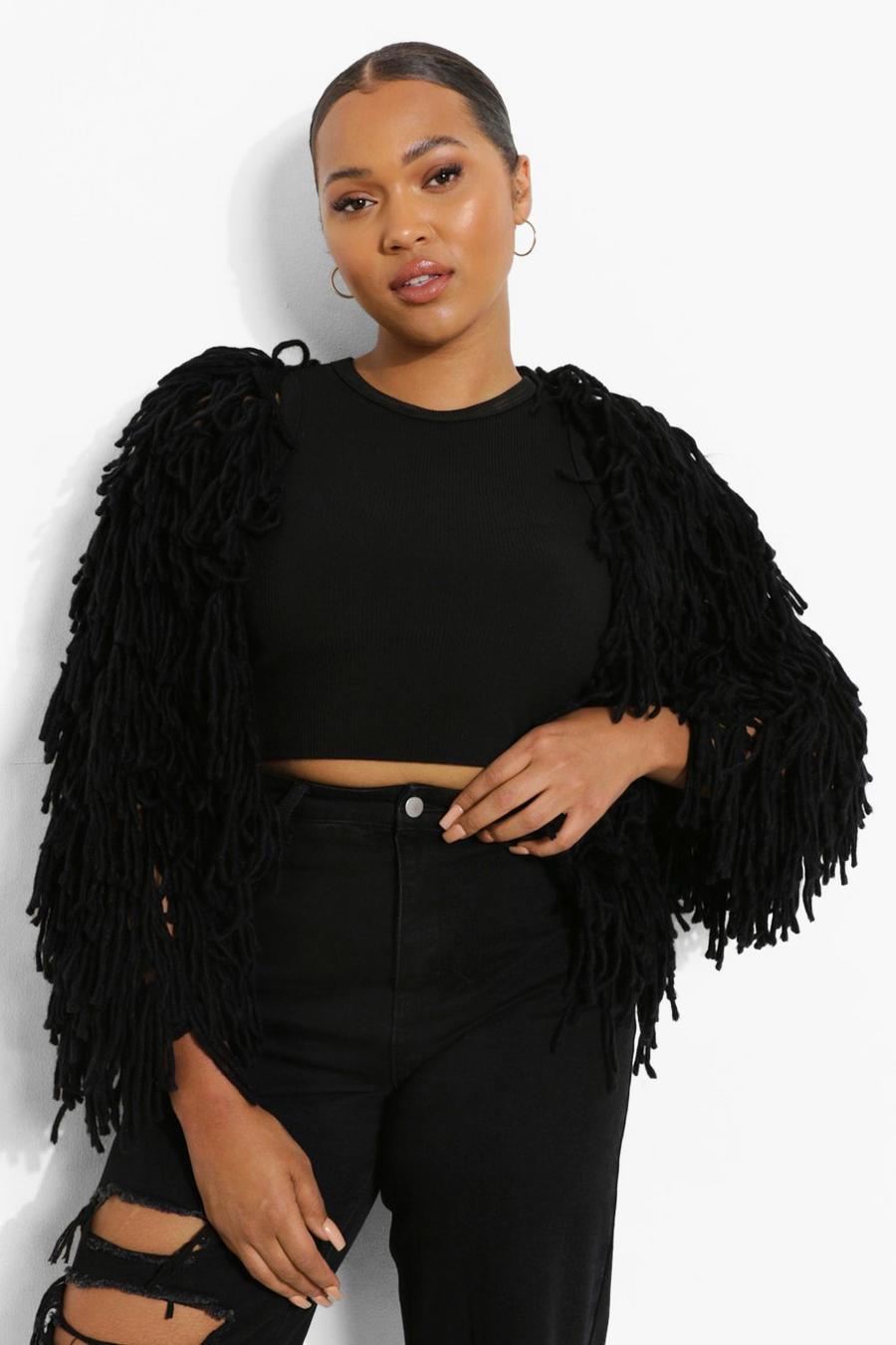 Black Plus Knitted Shaggy Cardigan image number 1