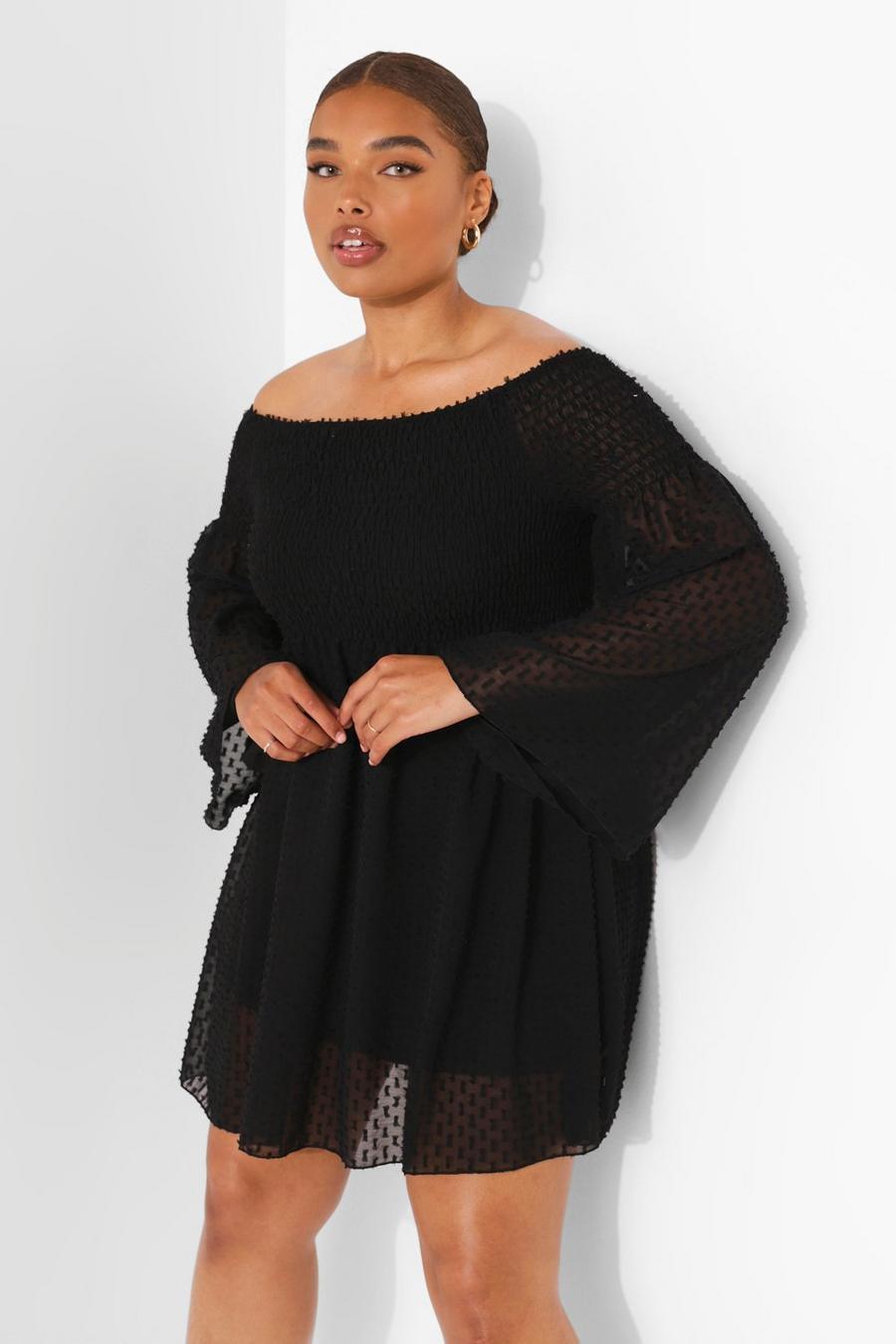 Black Plus Dobby Mesh Bardot Dress image number 1