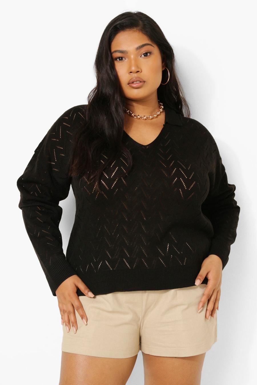 Black Plus Pointelle Knitted Collar Jumper image number 1