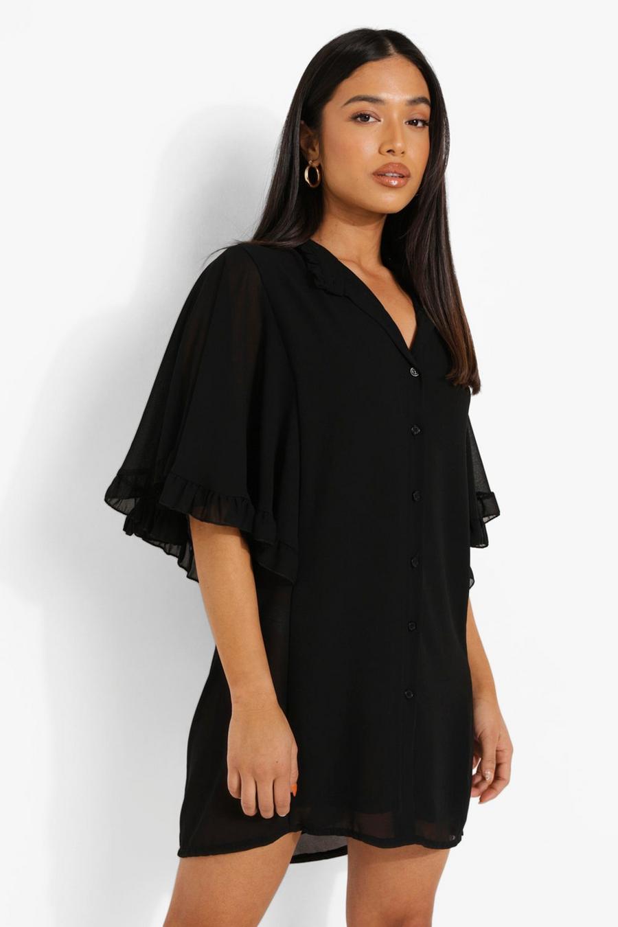 Black Petite Woven Ruffle Angel Sleeve Shirt Dress image number 1