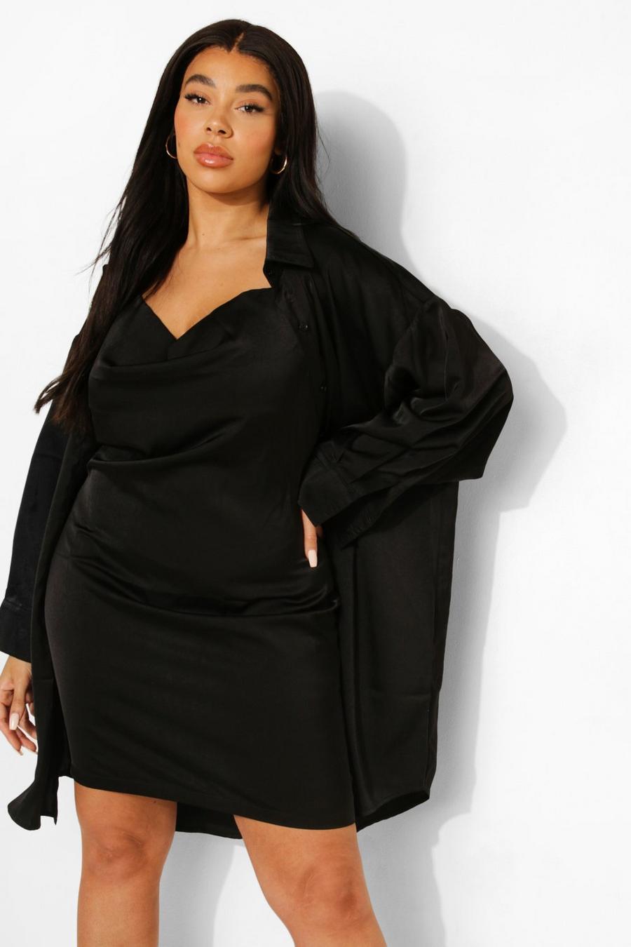 Grande taille - Robe nuisette satinée et chemise satinée 2 en 1, Black image number 1
