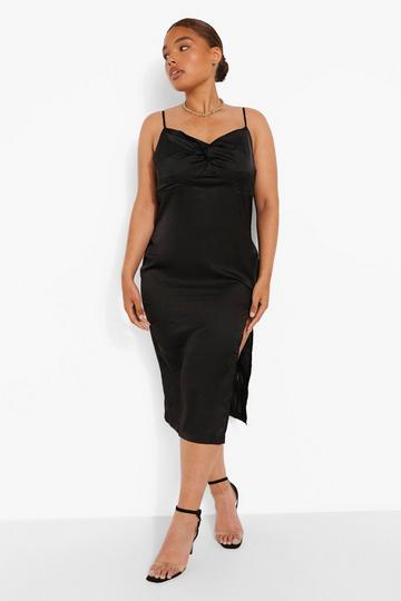 Plus Satin Knot Twist Front Midi Dress black