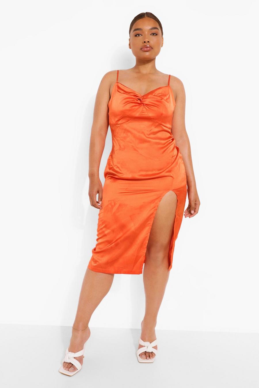 Orange Plus Satin Knot Twist Front Midi Dress