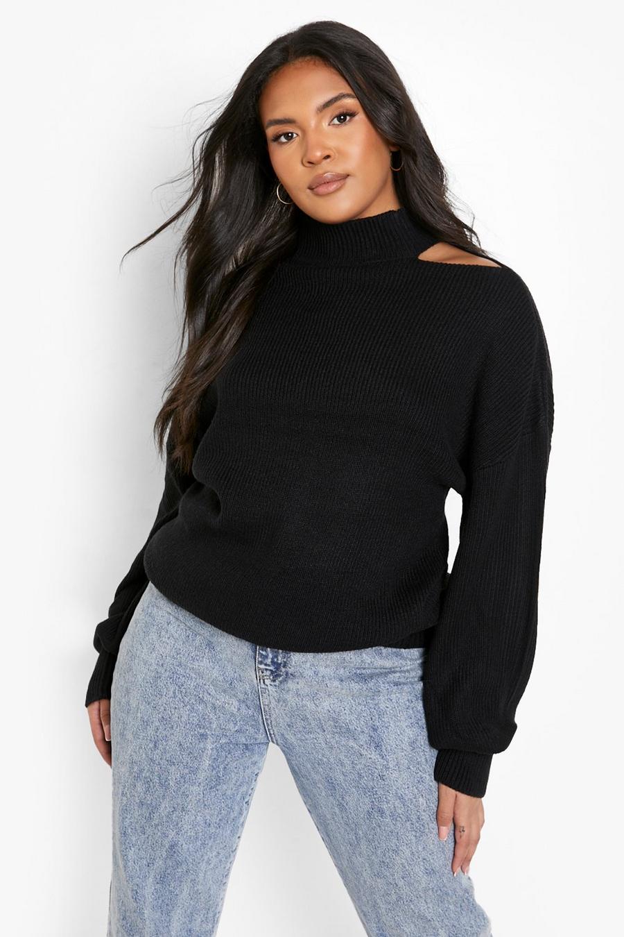 Black Plus Cut Out Shoulder Knitted Sweater image number 1