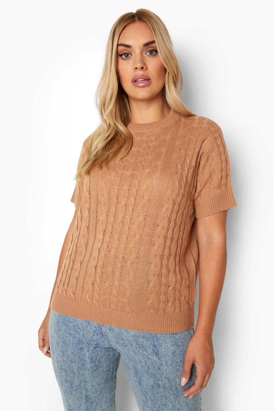 Camel Plus Cable Knit Short Sleeve Sweater image number 1