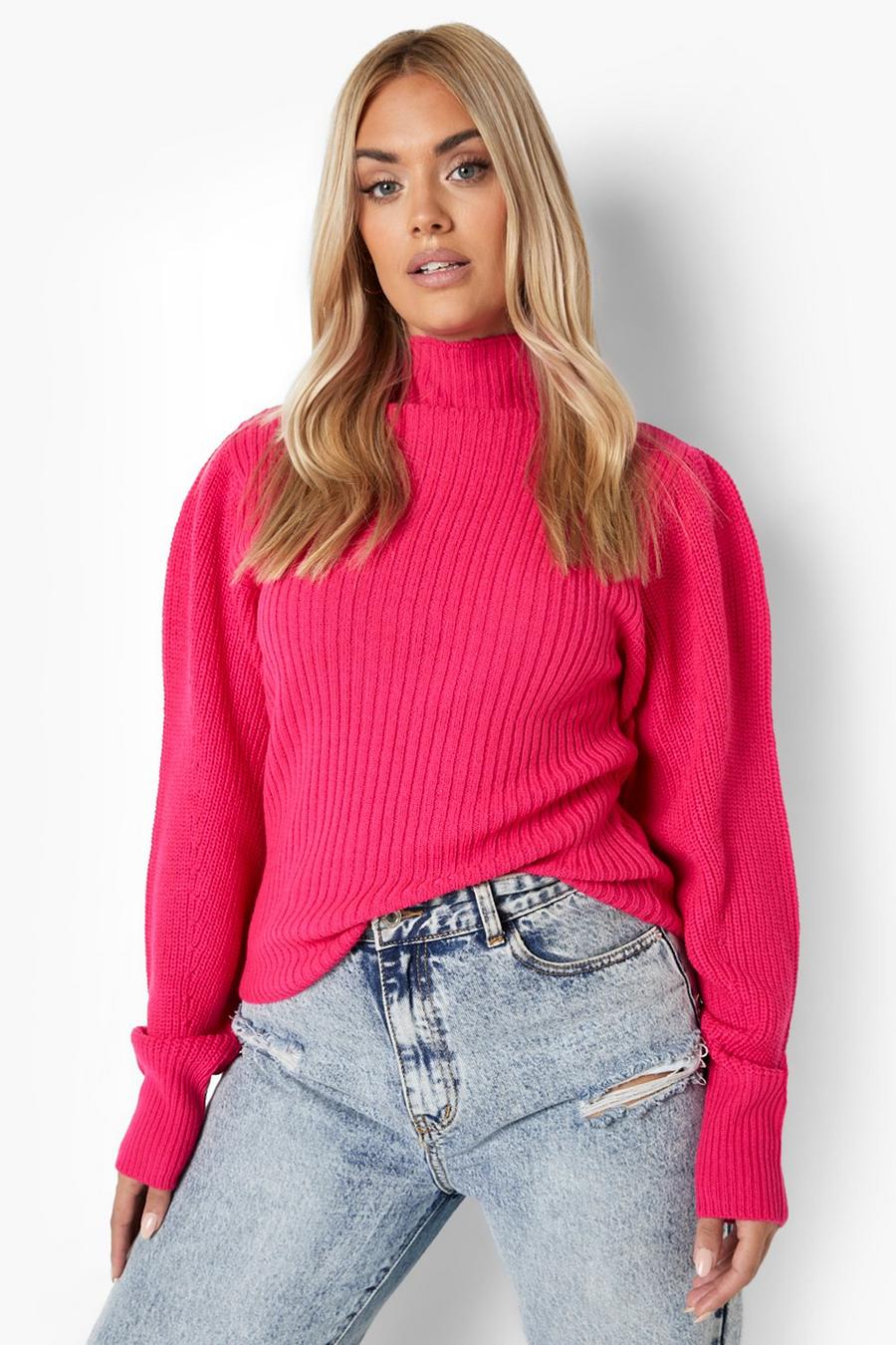 Hot pink Plus Contrast Stitch Balloon Sleeve Jumper image number 1