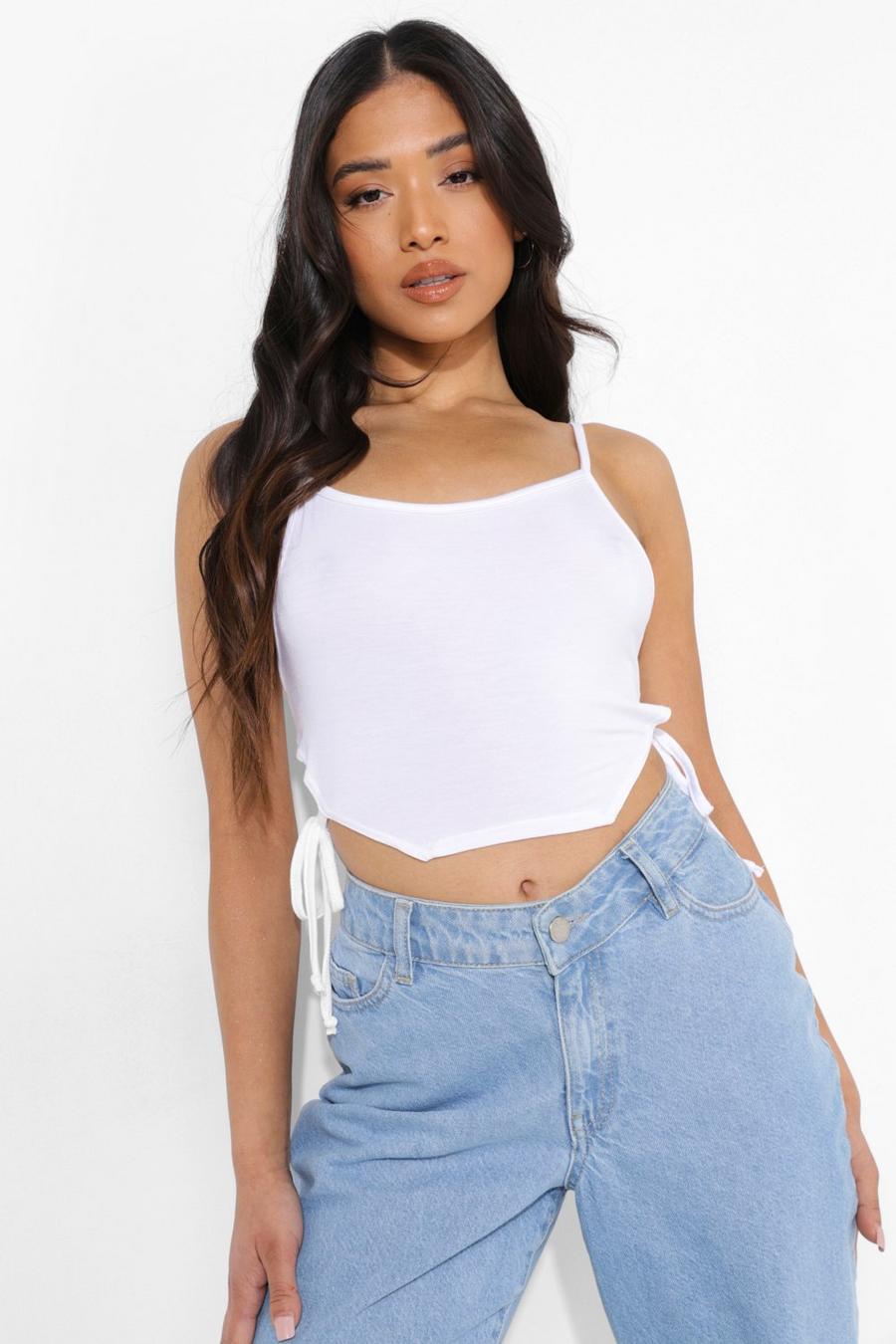 White Petite Ruched Side Curved Hem Crop Top image number 1