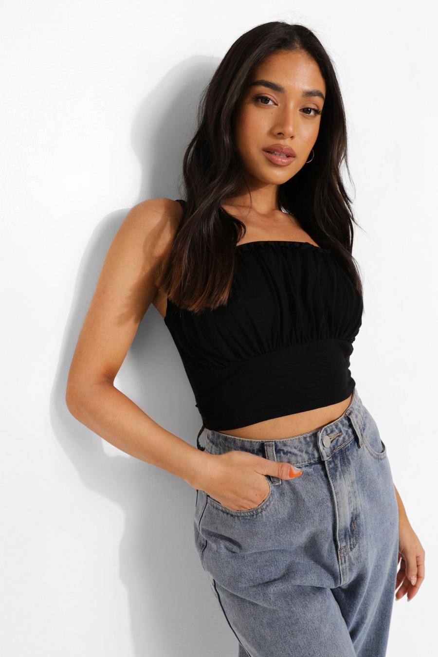 Black Petite Ruched Front Ruffle Edge Crop Top image number 1