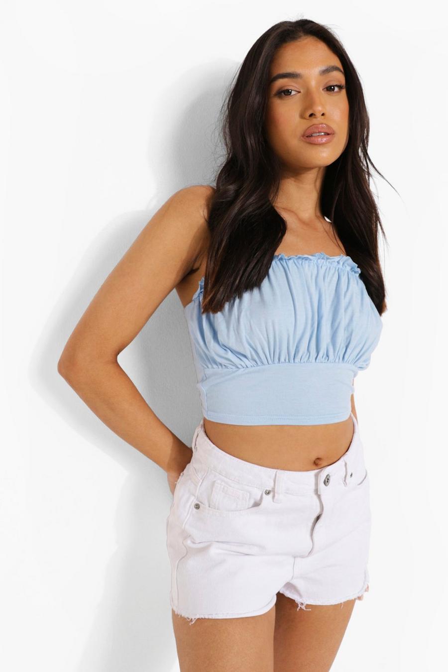 Sky blue Petite Ruched Front Ruffle Edge Crop Top image number 1