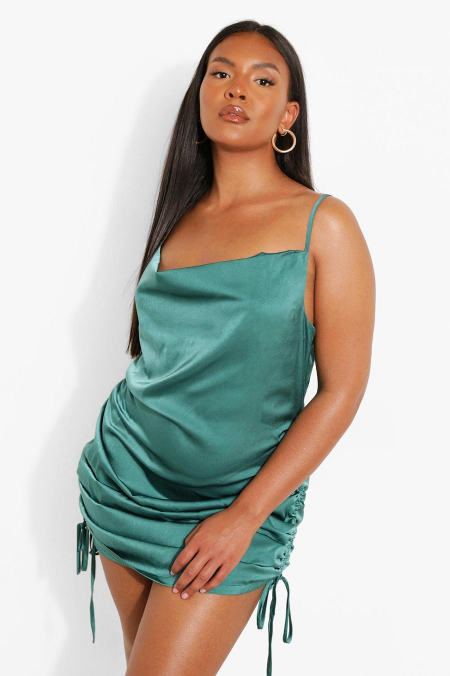 Green Plus Satin Ruched Tie Mini Cowl Neck Dress image number 1