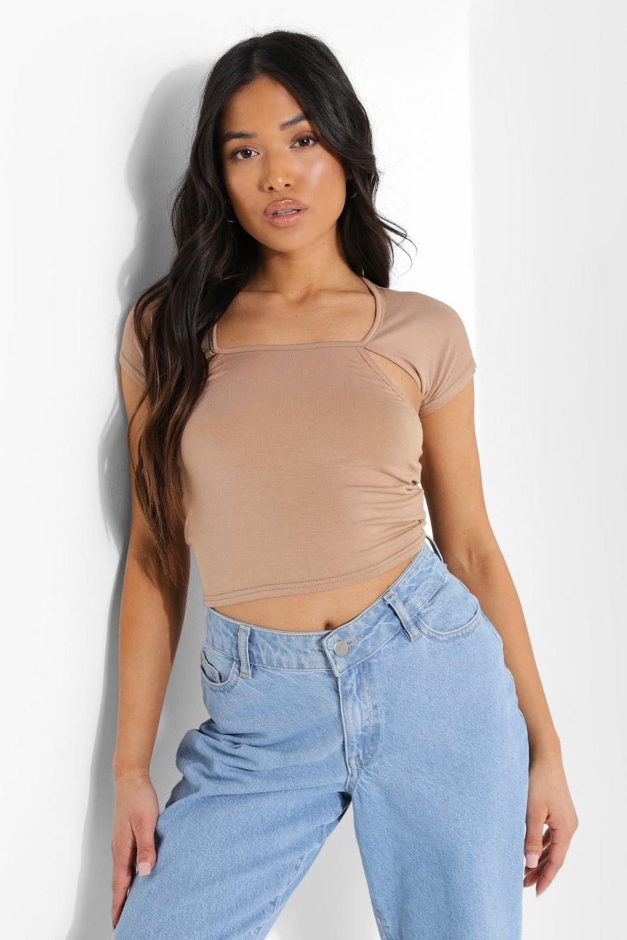 Sand Petite Cut Out Detail Cap Sleeve Crop Top image number 1