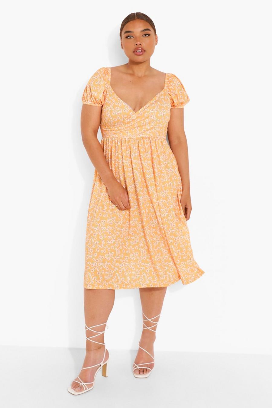 Yellow Plus Ditsy Floral Puff Sleeve Wrap Midi Dress image number 1