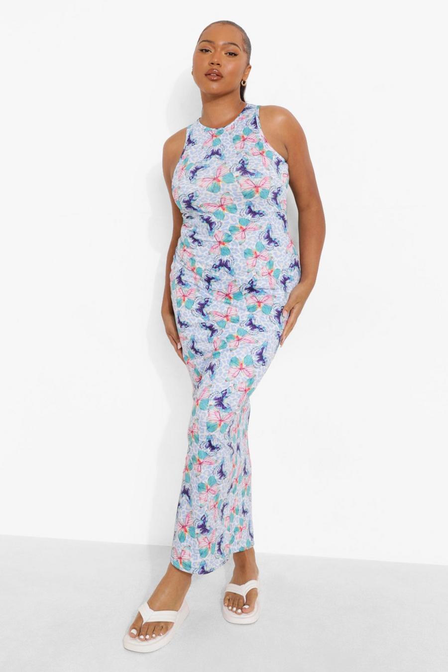 Blue Plus Butterfly Print Strappy Maxi Dress image number 1