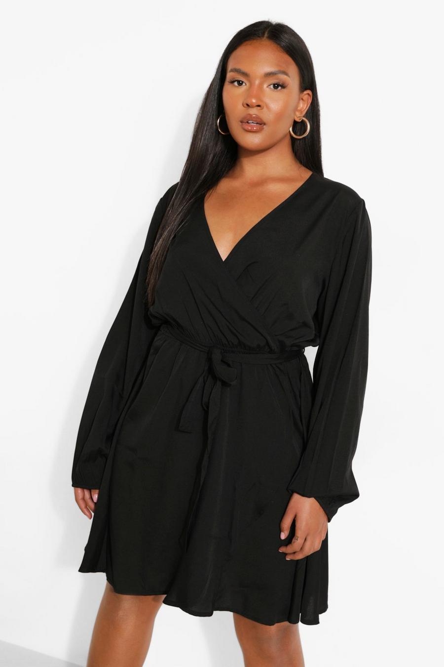 Black Plus Wrap Front Frill Long Sleeve Dress image number 1