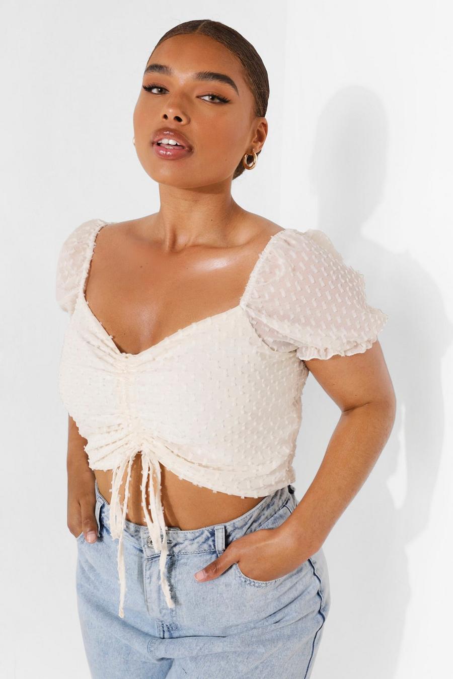 Ivory Plus Dobby Mesh Ruched Crop Top image number 1