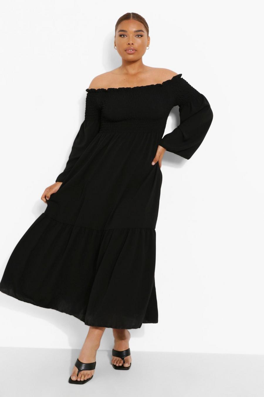 Black Plus Shirred Bardot Maxi Dress image number 1