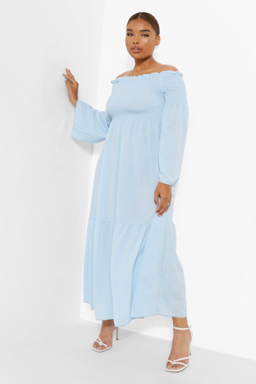 Blue Plus Shirred Bardot Maxi Dress image number 1