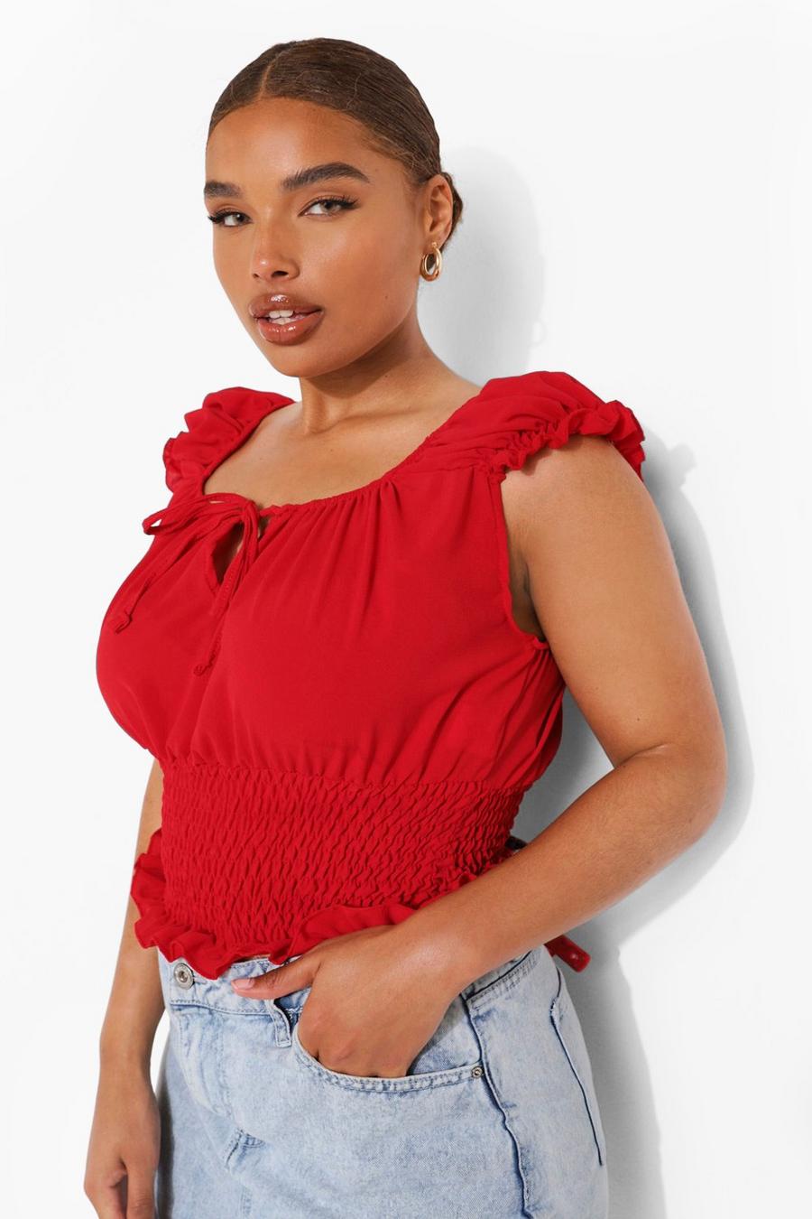 Red Plus Shirred Tie Front Bardot Crop Top image number 1