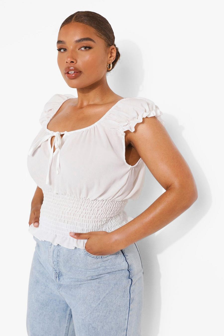 White Plus Shirred Tie Front Off The Shoulder Crop Top image number 1
