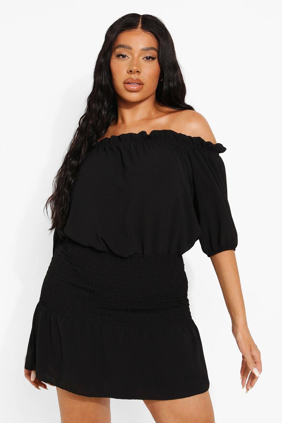 Black Plus Bardot Shirred Mini Dress image number 1