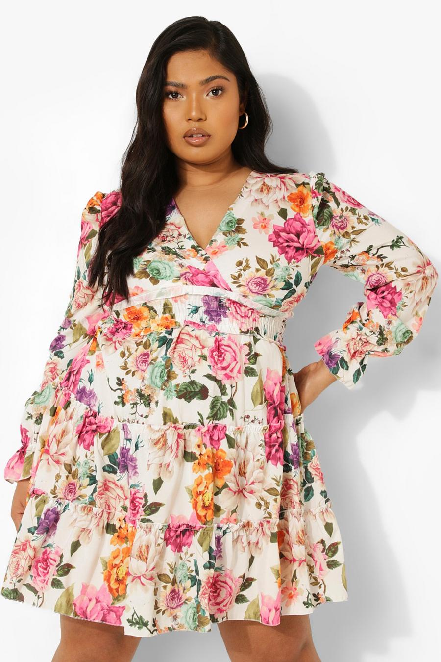 Multi Plus Floral Tiered Long Sleeve Dress image number 1