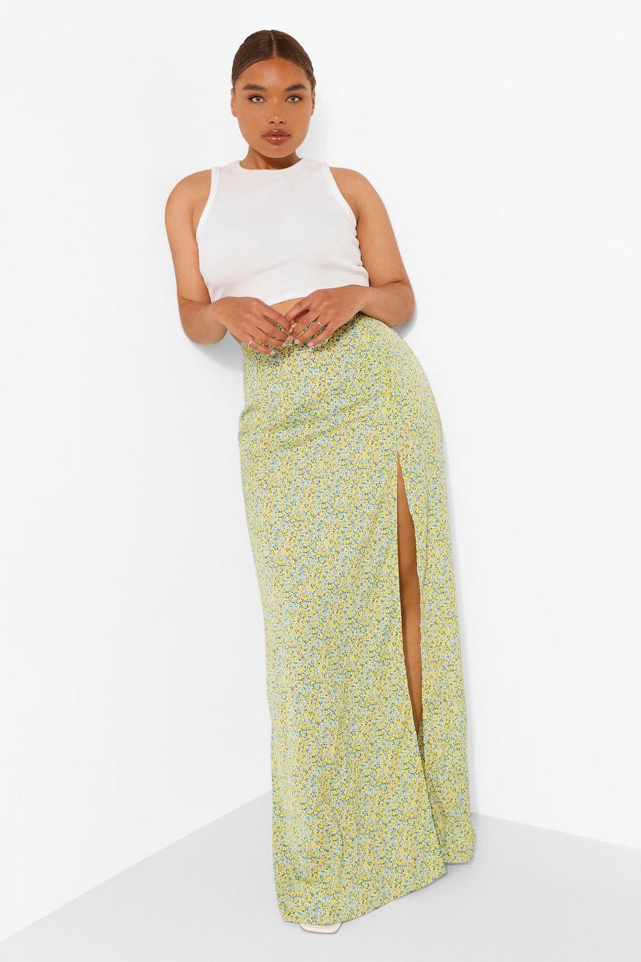 Yellow Plus Ditsy Floral Split Maxi Skirt image number 1