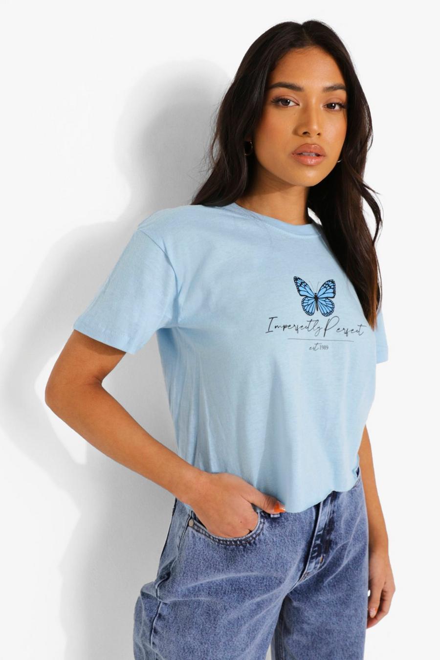 Pale blue Petite Butterfly Slogan Crop T-shirt image number 1
