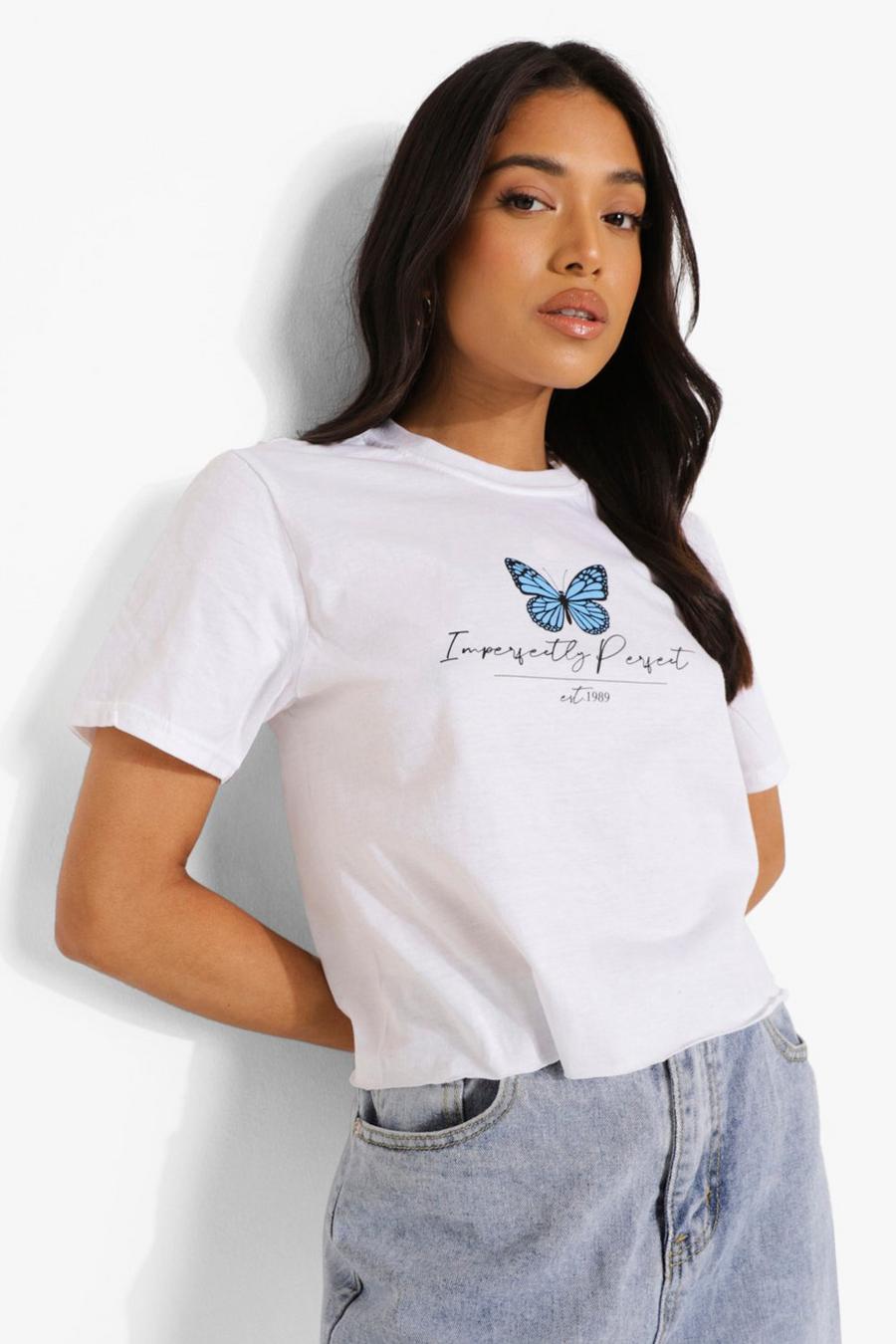 T-shirt corta Petite con scritta e stampa di farfalla, Bianco image number 1