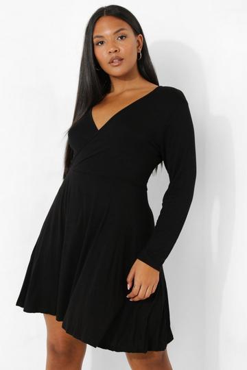 Black Plus Jersey Knit Wrap Skater Dress