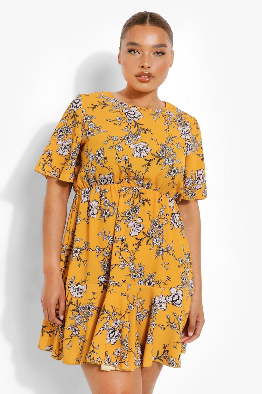Yellow Plus Tiered Woven Floral Smock Dress image number 1