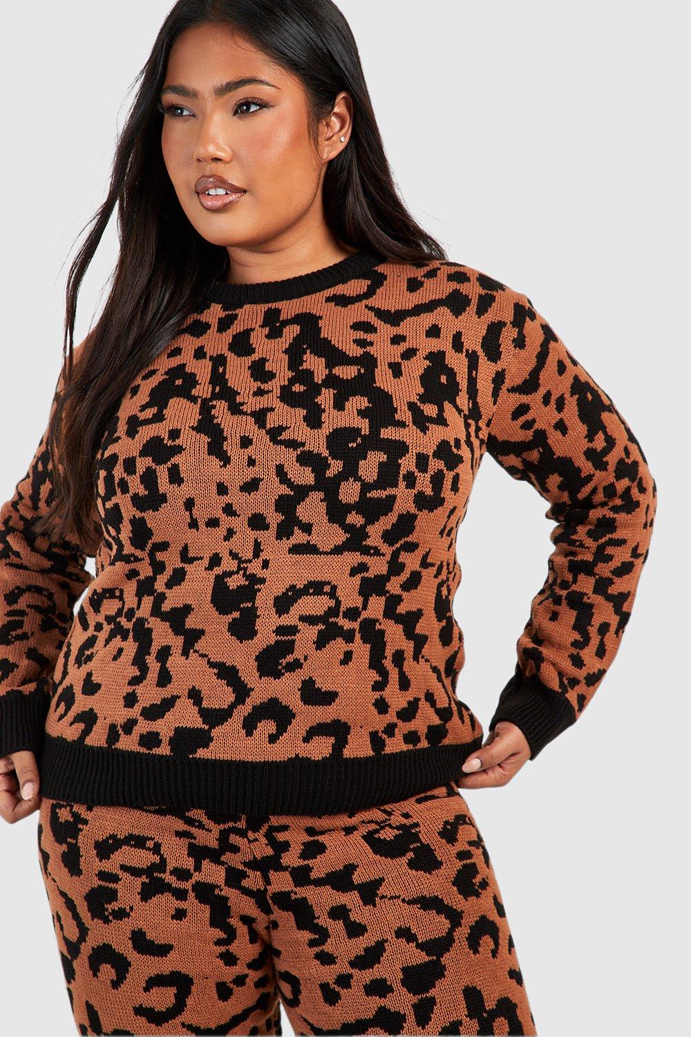 Plus Size Elegant Outfits Set, Women's Plus Leopard & Heart Print