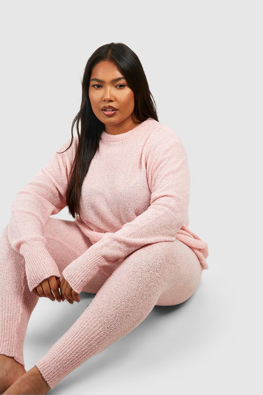 Light pink Plus Knitted Crew Neck Sweater Loungewear Set image number 1
