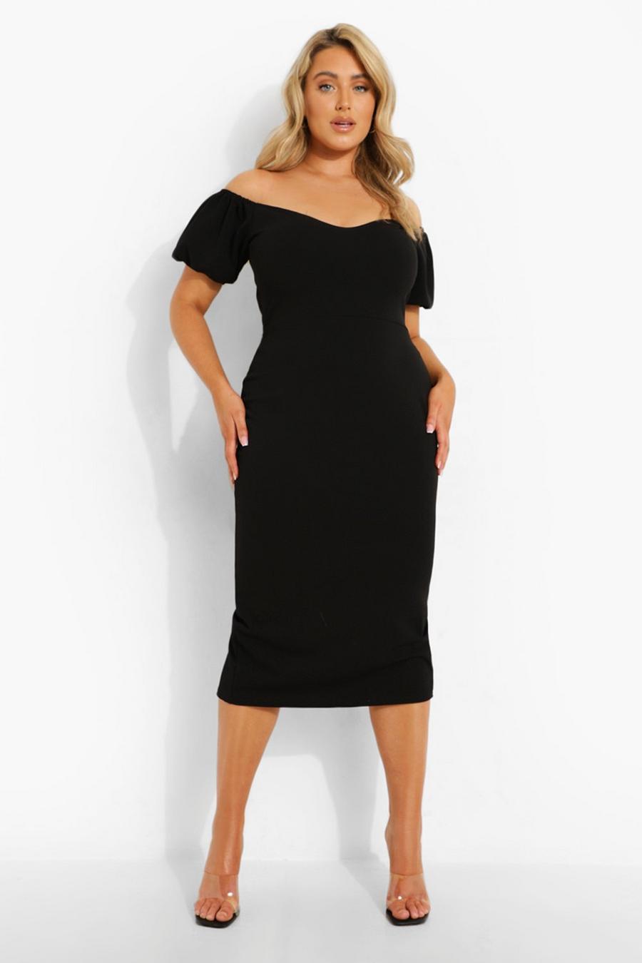Black Plus Off Shoulder Puff Sleeve Midi Dress image number 1