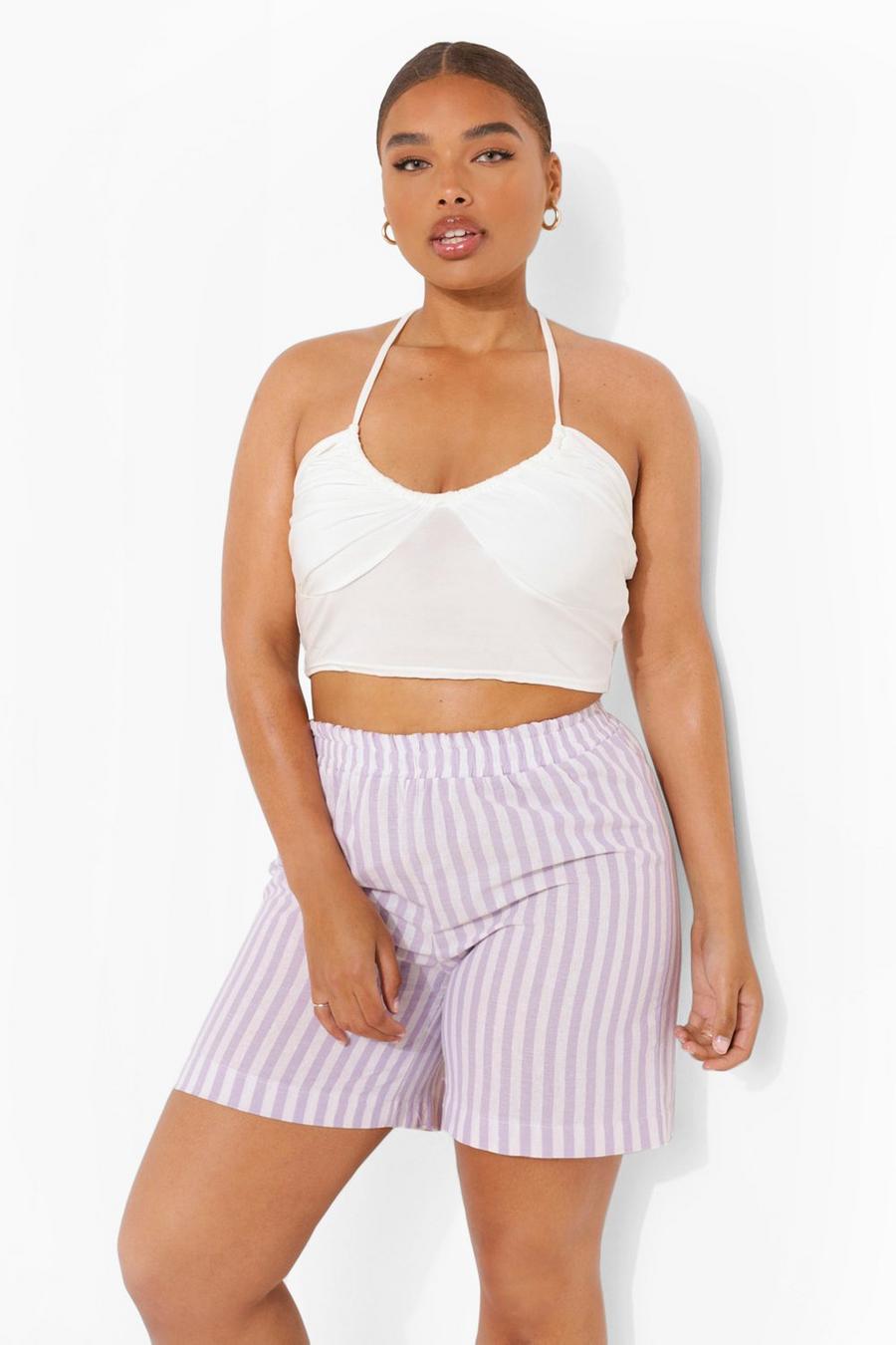 Lilac Plus Linen Pastel Stripe Relaxed Shorts image number 1