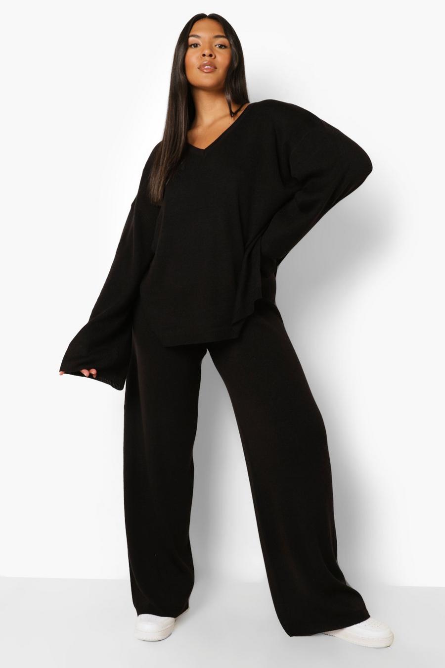 Black Plus Knitted V Neck Side Split Trouser Set image number 1
