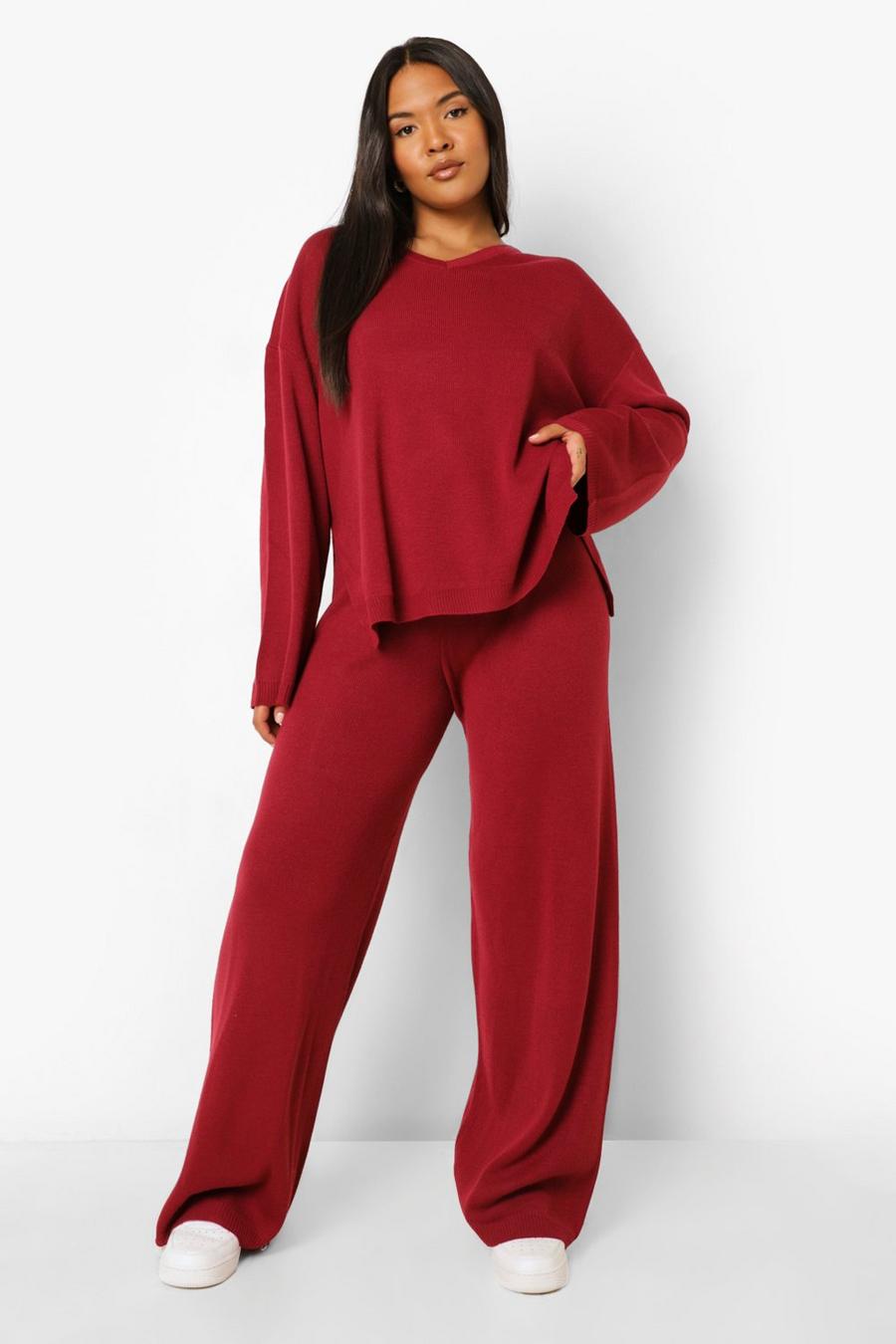 Dark red Plus Knitted V Neck Side Split Trouser Set image number 1