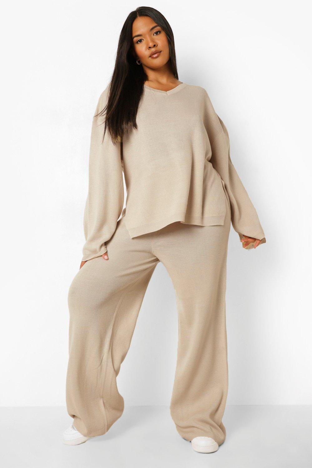 Plus Knitted V Neck Side Split Pants Set