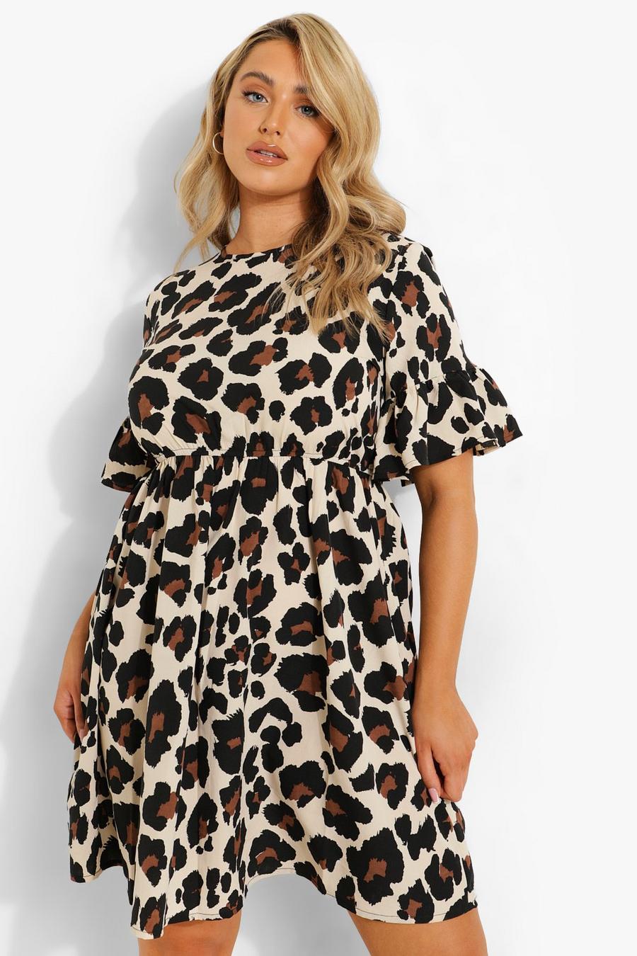Plus Woven Leopard Riffle Sleeve Smock Dress image number 1